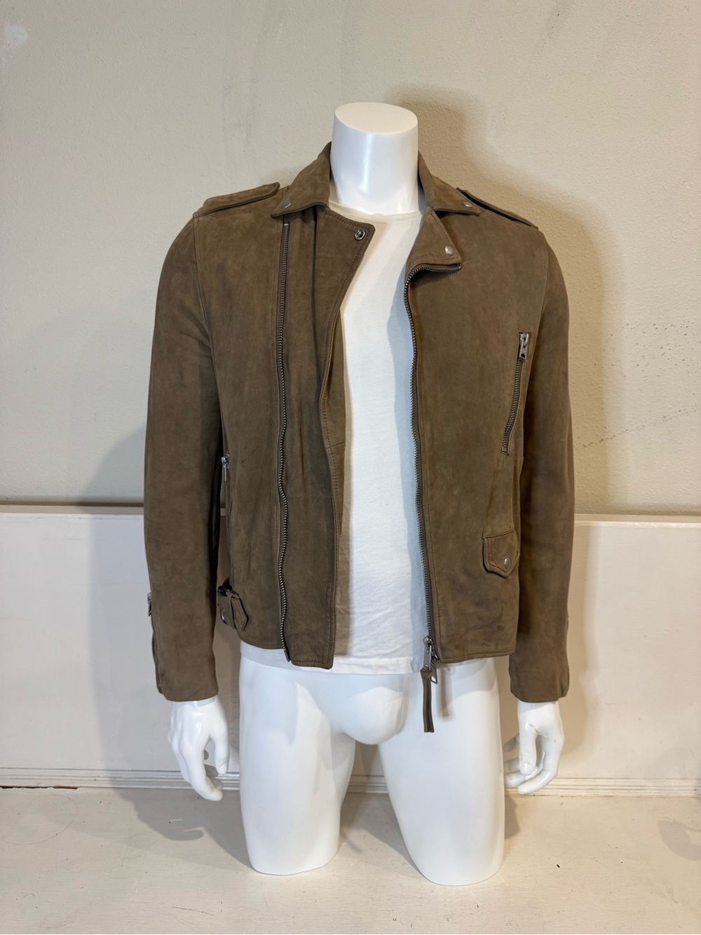 AllSaints Jennings Biker Jacket, Taupe Brown Suede Moto, medium, RARE archive - Picture 1 of 5
